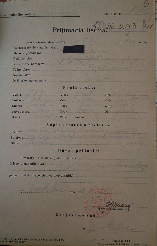 Správa o prijatí Štefana Skálu do vyšetrovacej väzby z 2. februára 1941.